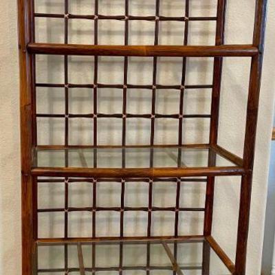4 Tier MCM Bamboo Style Shelf With Lattice Back And Glass Shelves 