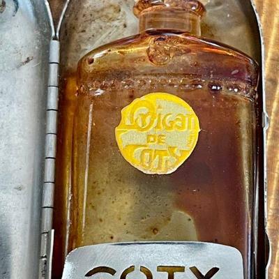 1920's Coty L'origan Paris Pure Miniature Perfume Bottle In Tin Travel Case
