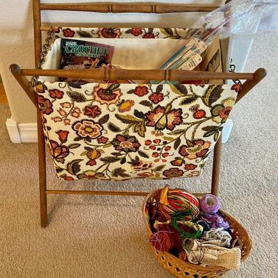 MCM Material Folding Knitting Bag With Wood Trim And Assorted Yarn, Needles, And Books