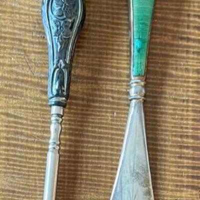 Sterling Silver Repousse Handled Button Hook & Guilloche Enamel Shoe Horn (as Is)