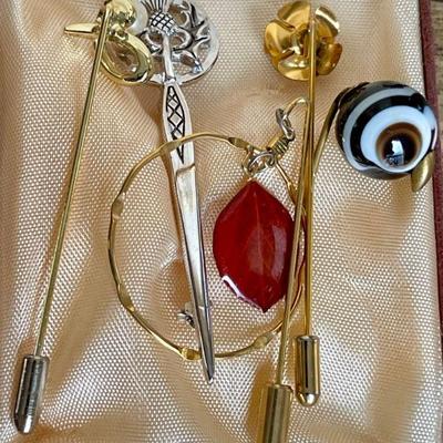 Stock Pins - Carrick Scotland - Art Glass Owl - Enamel Leaf 