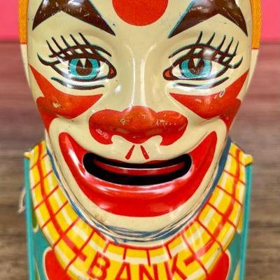 Vintage 1930's J Chein Co Tin Litho Clown Bank With Key  Eats Coins