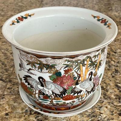 Vintage Chinese Hand Painted Porcelain Planter With Matching Base