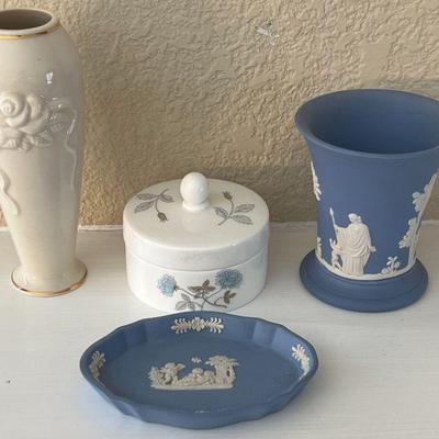 (3) Small Pieces Of Wedgwood - Ice Rose Lidded Trinket Dish, (2) Blue Jasperware, And Lenox Vase