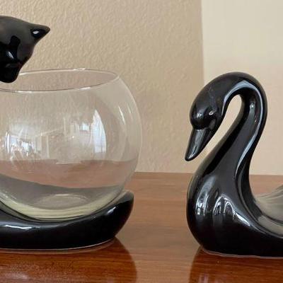 (2) Mcm Black Pottery Swan And Cat With Fishbowl