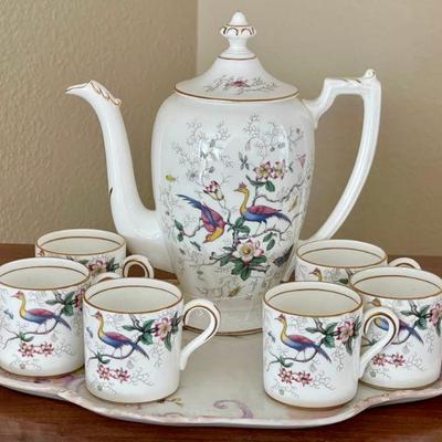 Coalport Made In England Bone China Paradise Coffee Pot, (6) Demitasse Cups, With Hand Painted France Tray