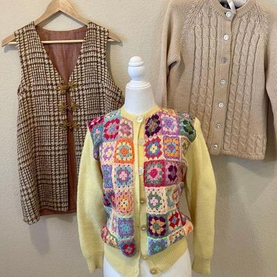 Mid Century Hand Crochet Sweater, Cable Knit Sweater, And A MCM Vest Sizes Small