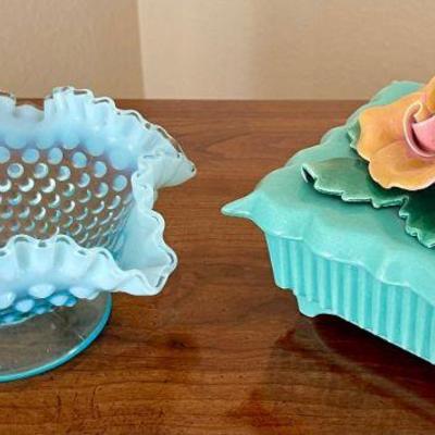 Fenton Blue Opalescent Hobnail Ruffled Vase, Johan Brahm California Lidded Ceramic Dish With Flowers