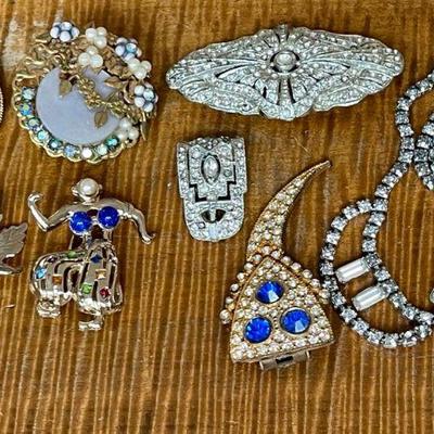 Collection Of Vintage And Antique Rhinestone Pins, Shoe Clips, And Necklace