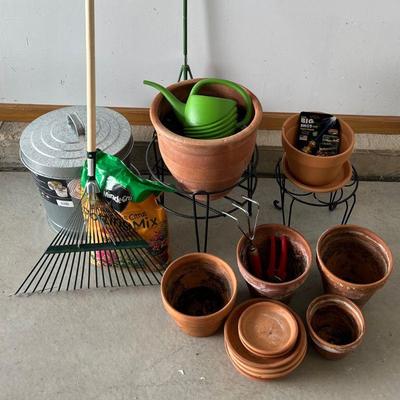 Gardening Lot - Terracotta Planters, Small Plant Stands, Rake, Lidded Bin, Potting Mix, And More