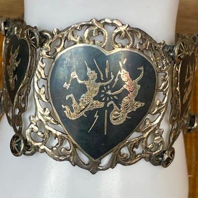 Sterling Silver Panel Bracelet Made In Siam Niello - 44.53 Grams Total