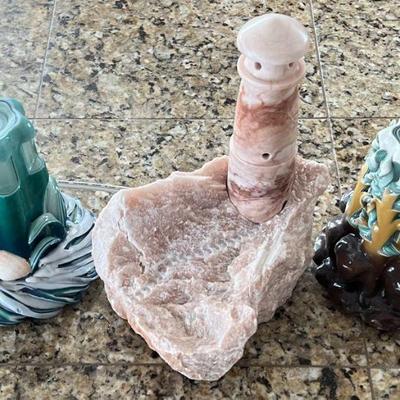Carved Alabaster Plug In Light House With Pair Of 7" Hand Made Candles