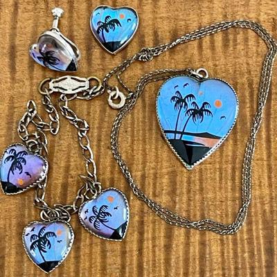 Art Deco Blue Morpho Butterfly Wing Sterling Silver Bracelet, Necklace, And Earrings (as Is)