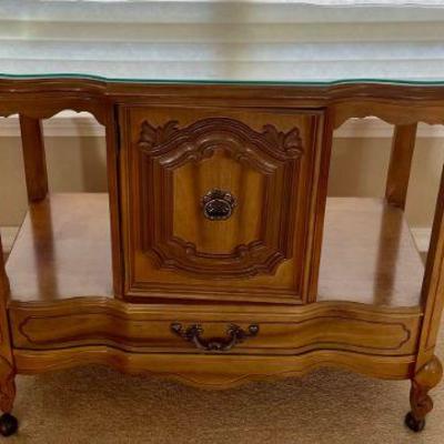 Mid Century Drop Leaf Console Table On Metal Casters With Glass Top