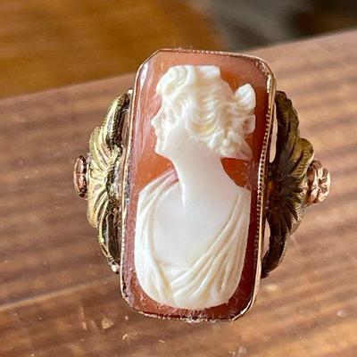 Antique Emesco 10k Gold Hand Carved Cameo Ring Size 6 - 3.17 Grams Total