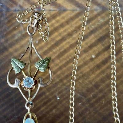 14k Gold Victorian Lavalier Pendant With Seed Pearl And Topaz And 12k Gold Filled Chain - .92 Grams Pendant