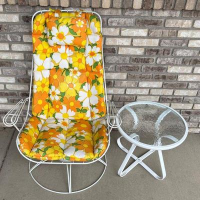 MCM Metal Outdoor Swivel Rocking Chair With Floral Cushion And Glass Top Side Table