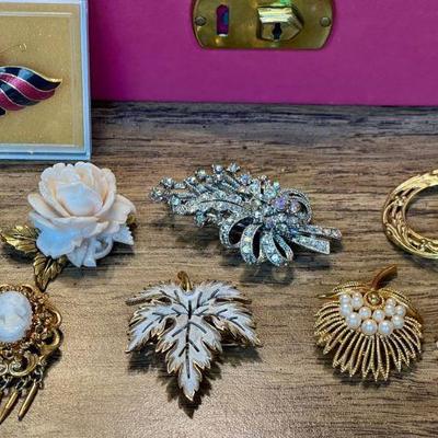 Vintage Pink Jewelry Box With Key, Assorted Pins - Trifari, Monet, Florenza, USSR Slava Star Wrist Watch