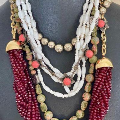 Necklaces - Vintage Talbots Glass Crystal Bead, Monet Silver Tone, Unakite, And Art Glass