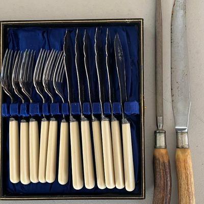 Fish Cutlery Bone Handle Silver Plate Fork & Knife Set With Case And Tru-edge Stag Handle Carving Knife 