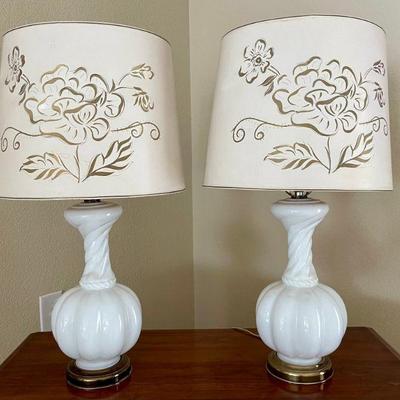 (2) MCM White Milk Glass Melon Shape Table Lamps With Hand Punched Shades And Celluloid Finials