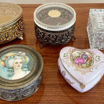 (5) Vintage Dresser Jars - Porcelain Floral, PNCW Victorian Jar, Gold Tone Filigree, Mink & Pearls, Crystal 