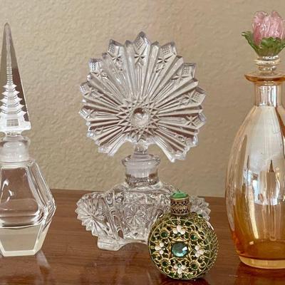 (4) Vintage Perfume Bottles W Stoppers - Halston, 1937 Czech Caged (as Is) Opalescent Flower Top, Pagoda Top