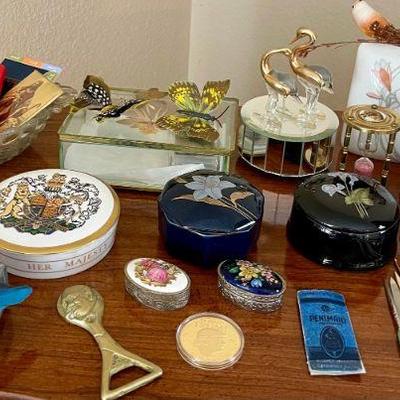 Vintage Dresser Lot - Pill Boxes, Musical Piano, Bobby Pins, Brass Opener, Trinket Boxes, Trump Coin