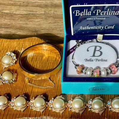 Bella Perlina Bracelet IOB, Art Bracelet And Earrings, And A Royet West Germany Gold Tone Bangle Bracelet