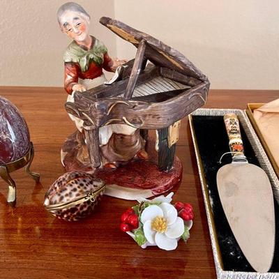 Norleans Japan Figurine, Denton China Flower, Shell Trinket Box, And Stone Egg