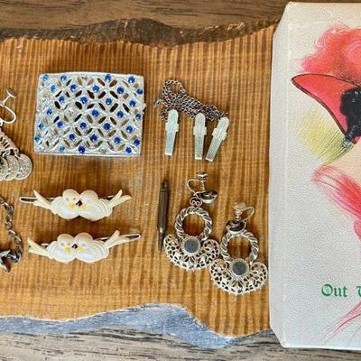 Antique Out West Chocolates Box With Liner With Vintage Jewelry - Celluloid Barrette, Sterling Chain, And More