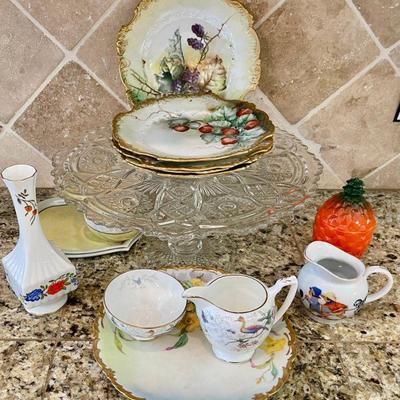 (5) Eglantine Germany Plates, Coalport Creamer And Sugar, Childs Creamer, Starburst Cake Plate, And Vase