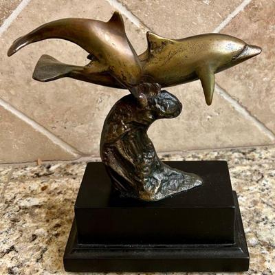 Small Vintage Brass Dolphin Sculpture With Wood Base 