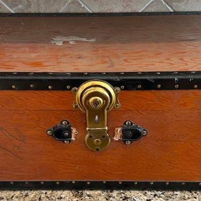 Vintage Hand Made Wooden Trunk With Trim And Brass Latches (no Key)
