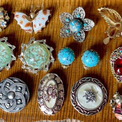Lot Of Vintage Pins, Lucite Earrings, Scarf Clips, Western Germany, Shells, Rhinestones, And More