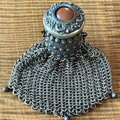 Antique Gate Top Concertina Chain Link Purse With Orange Stone Top 