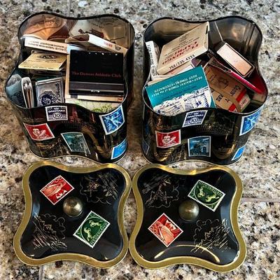 Pair Of Vintage Metal Lidded Tins With Assorted Advertising Matches
