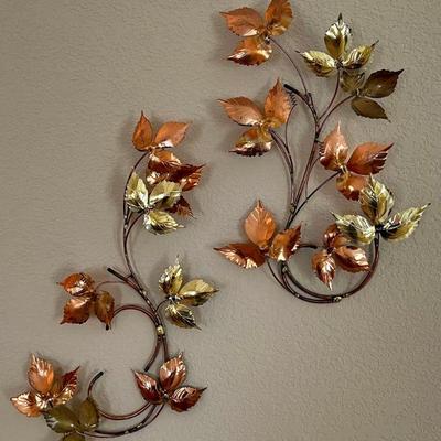Pair Of Brass And Copper Leaf Wall Hangings