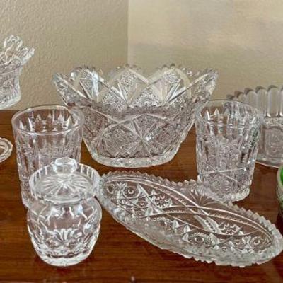 (3) Pieces Of Cut Crystal, Deep Cut Crystal Vase, Pink And Green Depression Glass, And More