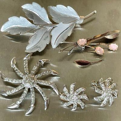 Sterling Silver Jewelry - Vintage Leaf Pin, Rhinestone Pin With Earrings, And Pink Stone Pin (as Is) 