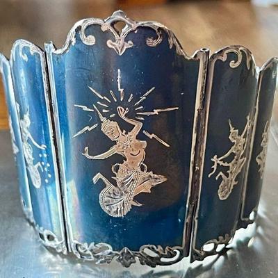 Vintage Sterling Silver Made In Siam Niello Etched Cuff Bracelet - 69.38 Grams Total