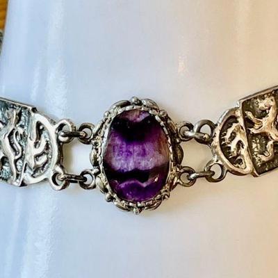 Antique Sterling Silver And Amethyst Stone Lion Motif Panel Bracelet - 23.69 Grams Total