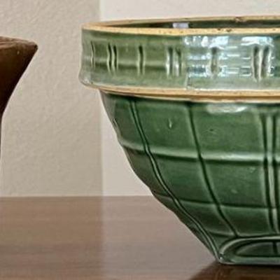 1920's Mccoy Green Mixing Bowl With A Vintage Stoneware Brown Pitcher