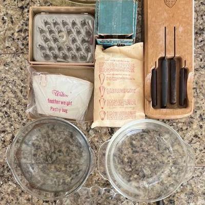 Assorted Kitchen Lot - Flint Wooden Knife Holder With Knives, Decorating Set, Bowls, Compotes, And More