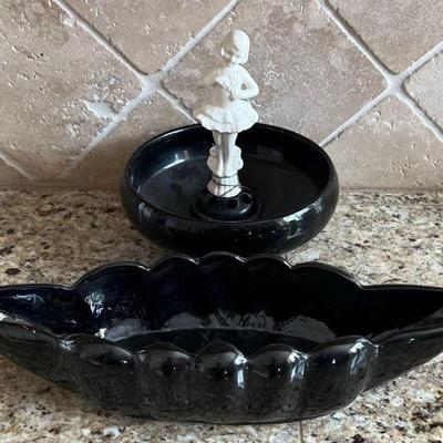 Vintage Van Briggle Colorado Springs 13.75" Pottery Bowl With Black Glass Bowl And Porcelain Flower Frog