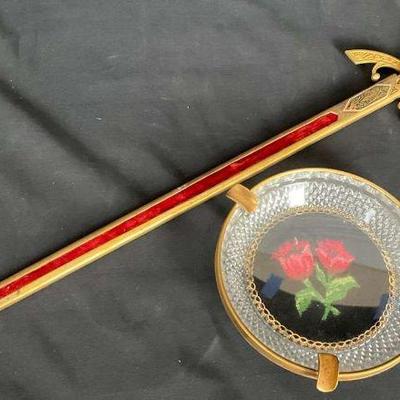 Decorative sword vintage glass ashtray with embroidered rose design