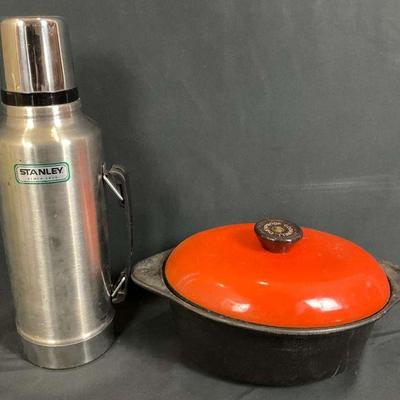 Vintage stanley thermos and enamel cast iron dutch oven