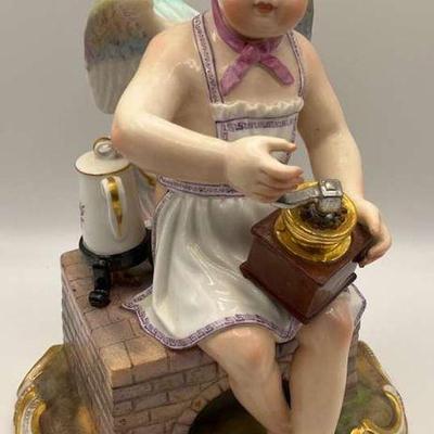 Antique meissen style porcelain figurine cherub with coffee grinder