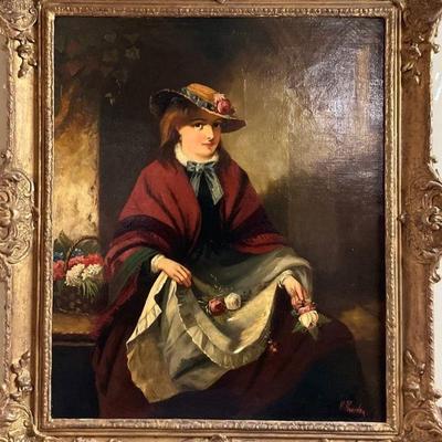Framed oil painting of a seated woman in period attire h. bowden)