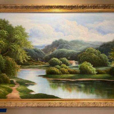 Framed oil painting by j king serene landscape scene